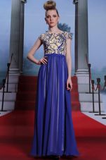 Best Selling Royal Blue Column/Sheath Scoop Cap Sleeves Chiffon Floor Length Zipper Embroidery and Sequins Prom Dress