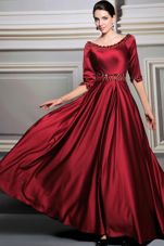 Red Zipper Bateau Beading and Belt Dress for Prom Satin Half Sleeves Brush Train