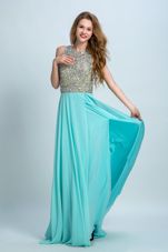 Scoop Sleeveless With Train Beading Backless with Aqua Blue Brush Train