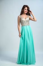 Cute Aqua Blue Empire Chiffon V-neck Sleeveless Beading and Appliques Floor Length Zipper Evening Dresses