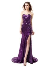 Mermaid Purple Sleeveless Sequined Brush Train Side Zipper Dress for Prom for Prom