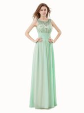 Lovely Scoop Floor Length Zipper Womens Evening Dresses Apple Green and In for Prom with Beading and Bowknot