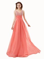 Custom Designed Floor Length Side Zipper Womens Evening Dresses Watermelon Red and In for Prom with Beading