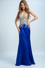 Floor Length Royal Blue Evening Outfits Chiffon Sleeveless Beading