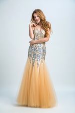 Sumptuous Sequins Strapless Sleeveless Zipper Prom Dress Gold Tulle and Sequined