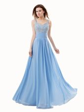 Artistic Floor Length Empire Sleeveless Blue Side Zipper