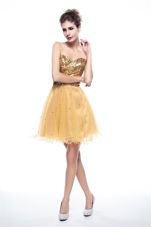 Gold Side Zipper Sweetheart Beading and Sequins Prom Dress Organza Sleeveless