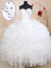Pretty White Organza Zipper Sweetheart Sleeveless Floor Length 15 Quinceanera Dress Beading and Ruffles and Pick Ups