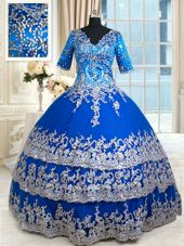 Glorious Royal Blue V-neck Neckline Beading and Lace and Ruffled Layers Sweet 16 Quinceanera Dress Half Sleeves Zipper