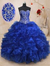 Great Sweetheart Sleeveless Organza 15th Birthday Dress Beading and Ruffles Brush Train Lace Up