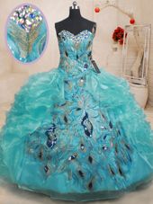 Dynamic Teal Ball Gowns Organza Sweetheart Sleeveless Beading and Embroidery and Ruffles Floor Length Zipper Quince Ball Gowns
