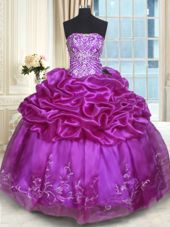 Super Floor Length Eggplant Purple Quince Ball Gowns Organza Sleeveless Beading and Embroidery and Pick Ups