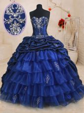 Spectacular Pick Ups Ruffled Royal Blue Sleeveless Organza and Taffeta Brush Train Lace Up Sweet 16 Quinceanera Dress for Military Ball and Sweet 16 and Quinceanera