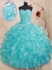 Luxurious Aqua Blue Ball Gowns Organza Sweetheart Sleeveless Beading and Ruffles Floor Length Lace Up Quinceanera Gowns
