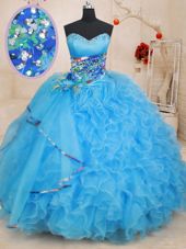 Fine Floor Length Lace Up Sweet 16 Dresses Baby Blue and In for Military Ball and Sweet 16 and Quinceanera with Beading and Ruffles and Pattern