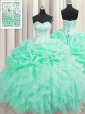 Sweetheart Sleeveless Organza Quince Ball Gowns Beading and Ruffles and Pick Ups Lace Up