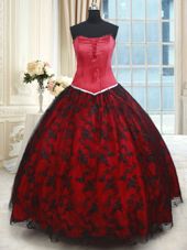 Black and Red Sleeveless Lace Floor Length Ball Gown Prom Dress