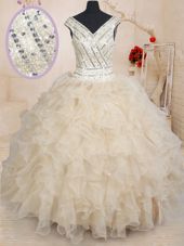 Sequins Floor Length Ball Gowns Cap Sleeves Champagne Quince Ball Gowns Zipper