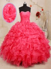 Great Sweetheart Sleeveless Ball Gown Prom Dress Floor Length Beading and Ruffles and Sequins and Hand Made Flower Coral Red Organza