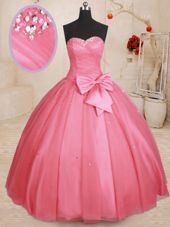 Delicate Tulle Sweetheart Sleeveless Lace Up Beading and Bowknot 15 Quinceanera Dress in Pink