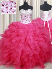 Fantastic Hot Pink Ball Gowns Organza Sweetheart Sleeveless Beading and Ruffles Floor Length Lace Up Sweet 16 Quinceanera Dress