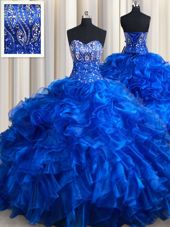 Luxurious Royal Blue Sweet 16 Dresses Military Ball and Sweet 16 and Quinceanera and For with Beading and Ruffles Sweetheart Sleeveless Brush Train Lace Up