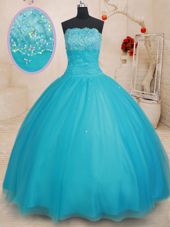 Beautiful Scalloped Aqua Blue Sleeveless Floor Length Beading Lace Up Ball Gown Prom Dress