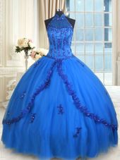 Flare See Through Ball Gowns Vestidos de Quinceanera Blue Halter Top Tulle Sleeveless Floor Length Lace Up