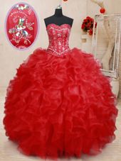 Pretty Floor Length Lace Up Sweet 16 Dress Red and In for Military Ball and Sweet 16 and Quinceanera with Beading and Ruffles