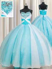 Latest White and Blue Ball Gowns Organza Spaghetti Straps Sleeveless Beading Floor Length Lace Up Quinceanera Gown