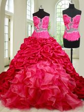Vintage See Through Coral Red Sweetheart Lace Up Beading and Ruffles and Pick Ups Quinceanera Gown Chapel Train Sleeveless