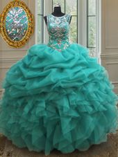 Custom Designed Pick Ups See Through Floor Length Turquoise Quinceanera Dresses Scoop Sleeveless Lace Up