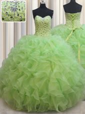 Yellow Green Lace Up Quinceanera Gowns Beading and Ruffles Sleeveless Floor Length