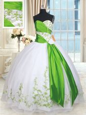 White and Green Lace Up Quinceanera Gowns Embroidery and Belt and Hand Made Flower Sleeveless Floor Length