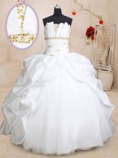 Scoallped White Sleeveless Floor Length Beading and Pick Ups Lace Up Quinceanera Gowns