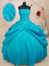 Ball Gowns Quinceanera Gowns Teal Strapless Taffeta Sleeveless Floor Length Lace Up