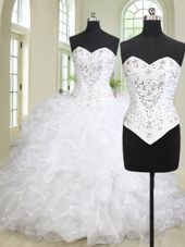 Sweetheart Sleeveless Brush Train Lace Up Quinceanera Gown White Organza