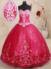 Hot Selling Coral Red Tulle Lace Up Sweet 16 Quinceanera Dress Sleeveless Floor Length Beading and Appliques and Embroidery