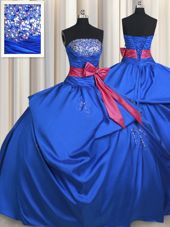 Blue Lace Up Strapless Beading and Bowknot Quinceanera Dresses Taffeta Sleeveless