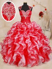 Decent Straps Sleeveless Quinceanera Dresses Floor Length Beading and Ruffles White and Red Organza