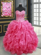 Hot Pink Organza Lace Up Sweetheart Sleeveless Floor Length Vestidos de Quinceanera Beading and Ruffles
