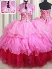 Sequins Ball Gowns Quinceanera Dresses Rose Pink Sweetheart Organza Sleeveless Floor Length Lace Up