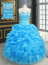 Hot Selling Baby Blue Lace Up Sweetheart Beading and Ruffles and Pick Ups 15 Quinceanera Dress Organza Sleeveless
