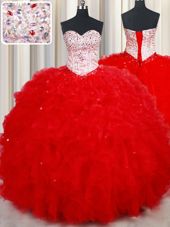 Low Price Sweetheart Sleeveless Quinceanera Dresses Floor Length Beading and Ruffles Red Tulle