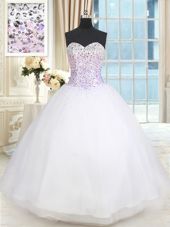 Pretty White Ball Gowns Sweetheart Sleeveless Tulle Floor Length Lace Up Beading Quinceanera Gowns