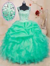 Affordable Turquoise Organza Lace Up Straps Sleeveless Floor Length Quinceanera Dresses Beading and Ruffles and Pick Ups