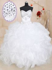 Glittering Floor Length Ball Gowns Sleeveless White 15 Quinceanera Dress Lace Up