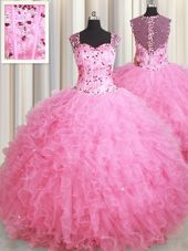 Straps Straps Beading and Ruffles Ball Gown Prom Dress Rose Pink Zipper Sleeveless Floor Length
