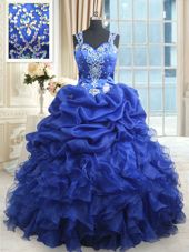 Straps Straps Organza Sleeveless Floor Length Sweet 16 Quinceanera Dress and Beading and Ruffles and Pick Ups
