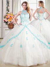 Cheap Tulle Halter Top Sleeveless Lace Up Beading and Appliques Vestidos de Quinceanera in White